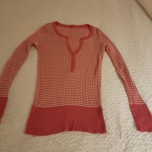 Aerie Pink and White Ribbed Henley Sweater